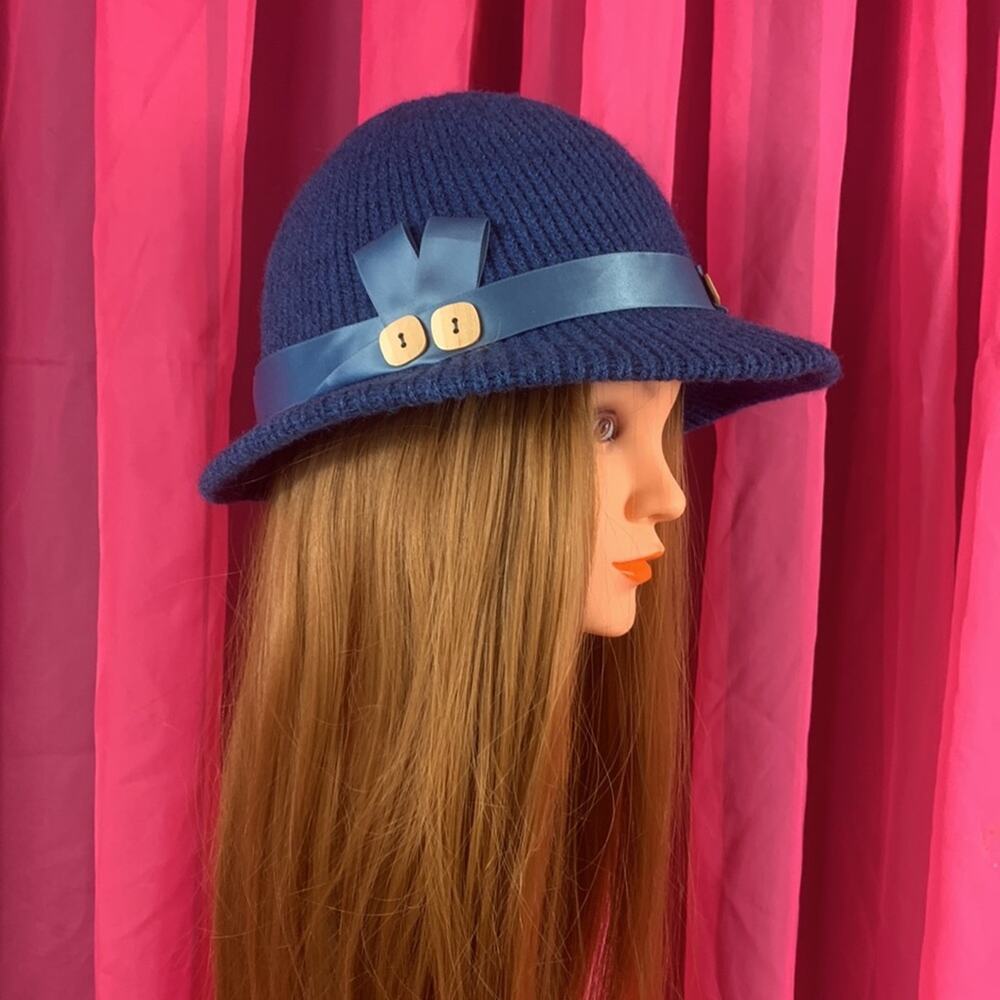 Vintage woven blue womens ribbon and button fedora